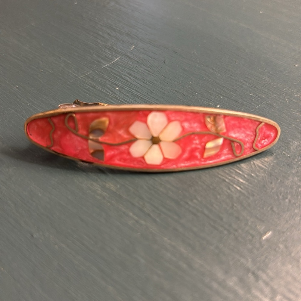Alpaca Pink Floral Inlay Barrette Hair Clip